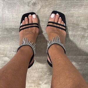 Stuart Weitzman Black Strappy Heels with Silver Accents